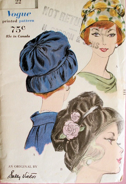 1960 Designer SALLY VICTOR Pretty Hat Pattern VOGUE 5109 Gathered Crown,Scooped Brim, Flirty Hats, Day or Evening Style ,Vintage Sewing Pattern