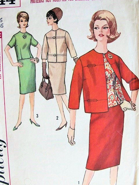 1960s CLASSY 3 Pc Suit Pattern SIMPLICITY 5144 Slim Skirt, Button Back Overblouse, Boxy Jacket Very Jackie Kennedy Style Bust 36 Vintage Sewing Pattern