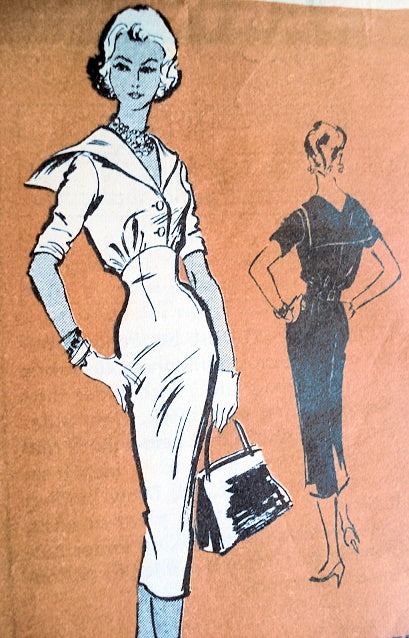 1950s PROMINENT DESIGNER  PATTERN 516 FIGURE SHOW OFF SLIM DRESS NAUTICAL SAILOR COLLAR, ANTONELLI KLEIBACKER Bust 34