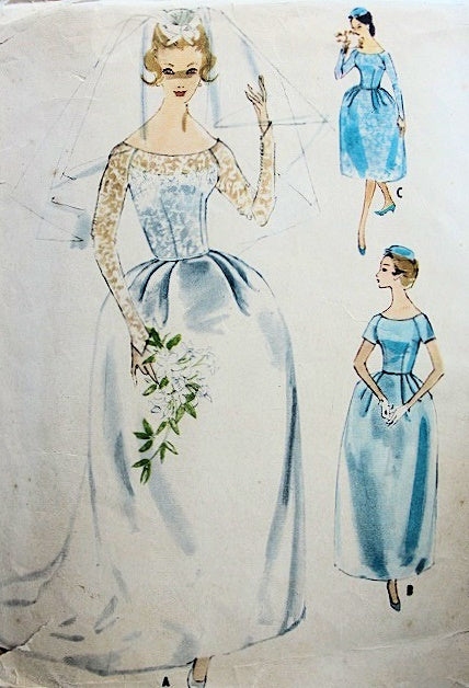 1950s BEAUTIFUL Bell Shape Skirt Bridal Bridesmaid Dress Wedding Gown Pattern McCALLS 5207 Two Lengths With Shaped Train or Short Formal and Petticoat Bust 34 Vintage Sewing Pattern