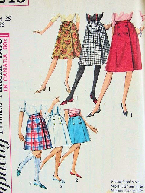 1960s WRAP AROUND Skirt Pattern SIMPLICITY 5246 Two Lengths, Cute Design, Waist 28 Vintage Sewing Pattern