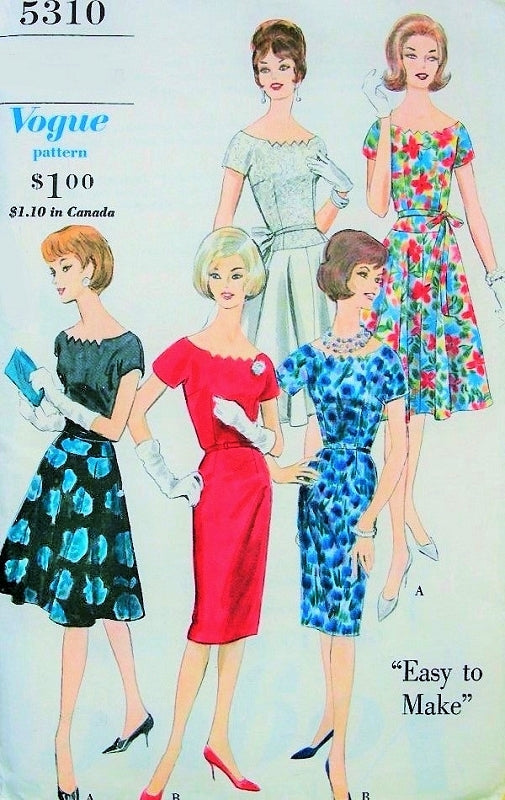 1960s GLAMOROUS Slim or Flared Skirt Dress Off Shoulder Cocktail Party Dress with or without Lace Lovely Neckline Vogue 5310 Vintage Sewing Pattern Bust 34