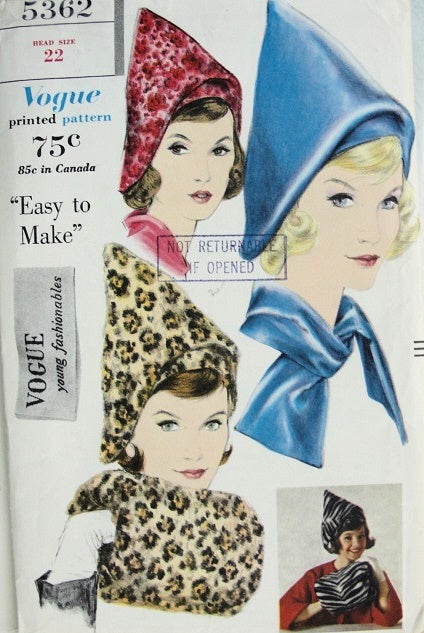 1960s  DRAMATIC  PEAKED DRAPED HAT ROUND MUFF, STRAIGHT ASCOT PATTERN HIGH FASHION STYLES  VOGUE YOUNG FASHIONABLES 5362 Vintage Sewing Pattern