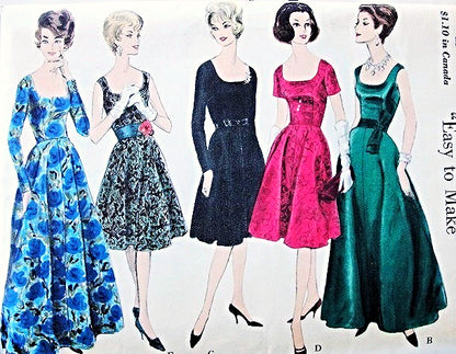 DAZZLING 60s Evening Gown or Cocktail Party Dress Pattern Easy To Sew VOGUE 5413 Kim Novak Style Low Sq Flattering Neckline U Back Flared Skirt Bust 32 Vintage Sewing Pattern