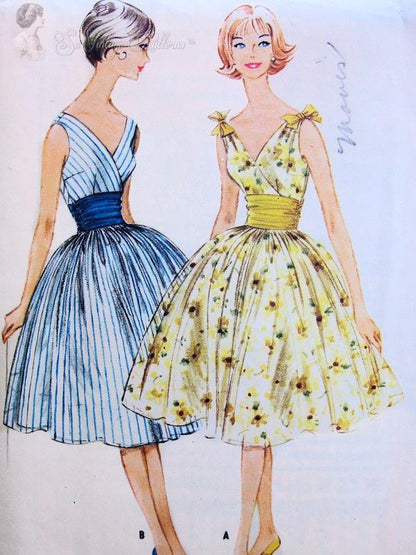 1950s Lovely Cocktail Party Dress Pattern Flattering Surplice Bodice, Cummerbund and Full Skirt Perfect For Sheer Fabrics McCalls 5431 Vintage Sewing Pattern Bust 34