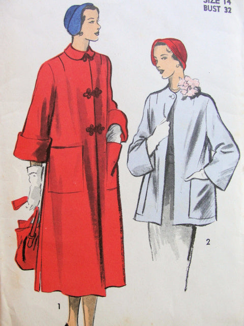 1950s CLASSY Coat Swing Back Jacket Pattern ADVANCE 5460 Two Beautiful Styles Bust 38 Vintage Sewing Pattern