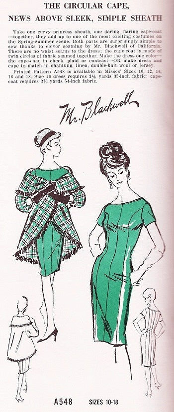 1960s DESIGNER Mr.Blackwell Sleek Cocktail Evening Dress Pattern PROMINENT Designer 548, Curvy Princess Sheath,Unique Circular Cape Coat, Perfect Dinner Party Dress Bust 34 Vintage Sewing Pattern