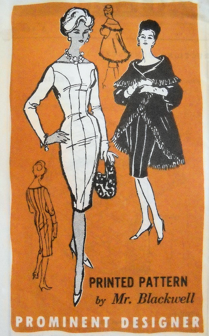 1960s DESIGNER Mr.Blackwell Sleek Cocktail Evening Dress Pattern PROMINENT Designer 548, Curvy Princess Sheath,Unique Circular Cape Coat, Perfect Dinner Party Dress Bust 34 Vintage Sewing Pattern