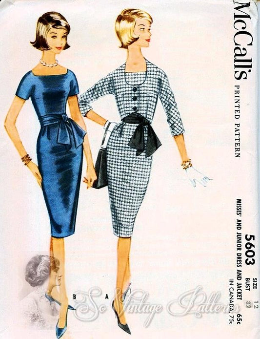 1960s CLASSY McCalls 5603 Dress Pattern Sleek Mad Men Era Slim Figure Show Off Dress, Cummerbund and Short Fitted Jacket  Day or Evening Bust 34 Vintage Sewing Pattern