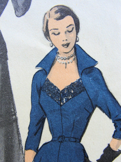 1950s STRIKING Evening Gown or Cocktail Dress Pattern ADVANCE 5635 Fantastic Stand Up Wing Collar Shaped Neckline 3 Sleeve Lengths Couture Style Bust 34 Vintage Sewing Pattern FACTORY FOLDED