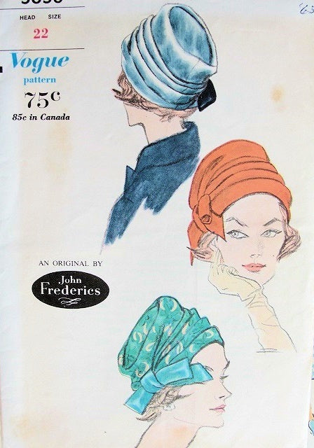1960s STYLISH Tucked Turban Hats Pattern JOHN FREDERICS VOGUE 5653 Vintage Sewing Pattern FACTORY FOLDED