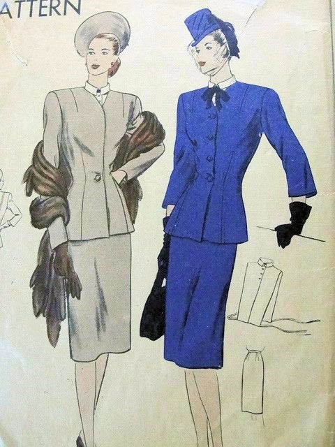 STYLISH 1940s 3 PC SUIT PATTERN SLIM SKIRT, LONGER FITTED JACKET, DICKEY VOGUE 5655