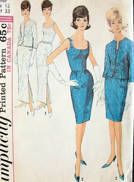 1960s  FABULOUS Slim Evening or Cocktail Party Dress and Jacket Pattern SIMPLICITY 5658 Wide Low Neckline Bust 36 Vintage Sewing Pattern