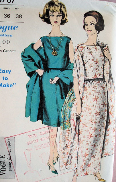 1960 ELEGANT Evening 2 Pc Dress and Stole Pattern VOGUE 5707 Pretty Button Back Top and Slim Skirt,Bateau Neckline Bust 34 Vintage Sewing Pattern