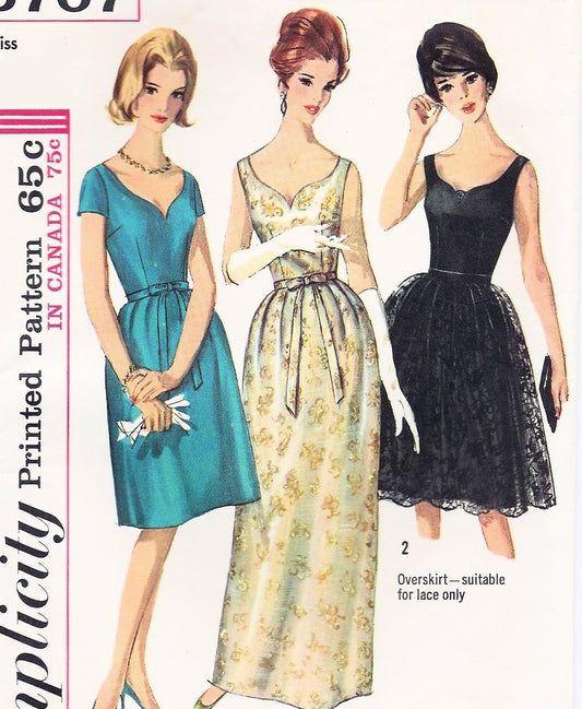 60s CLASSIC Evening Wedding Party Dress Pattern SIMPLICITY 5707 Beautiful Shaped Sweetheart Neckline, Cocktail or Formal Lengths With Lace Overskirt Version Mad Men Era Vintage Sewing Pattern