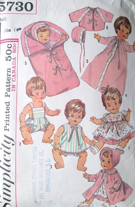 1960s ADORABLE Dolls Wardrobe Pattern SIMPLICITY 5730 Vintage Sewing Pattern For 14 Inch Dolls Betsy Wetsy,Ginny Baby, Sweetie Pie, Baby Winkie and Twinkie Dolls