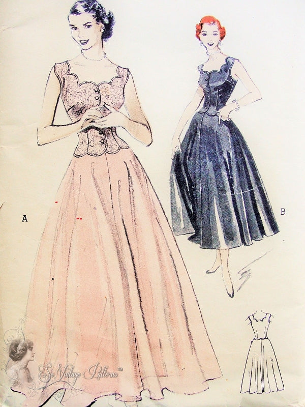 1950s Beautiful Formal Evening Gown Pattern Butterick 5754 Vintage Sewing Pattern Scallop Edged Scoop Neckline,Figure Flattering Fitted Bodice, Full Lovely Dancing Skirt Perfect Gala Occasion Formal Dress Bust 34