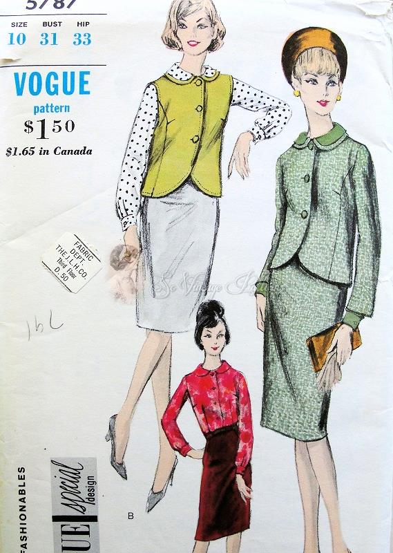 1960s 3 PC Suit Pattern Cutaway Front Jacket or Vest, Slim Pencil Skirt, Tuck In Blouse Vogue 5787 Special Design Vintage Sewing Pattern Includes Sew In Label  UNCUT Bust 31