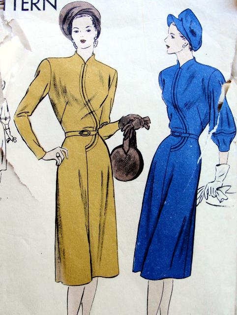 1940s VOGUE 5827 DRESS PATTERN STRIKING CURVED FRONT SEAM 2 SLEEVE VERSIONS CLASSY DESIGN