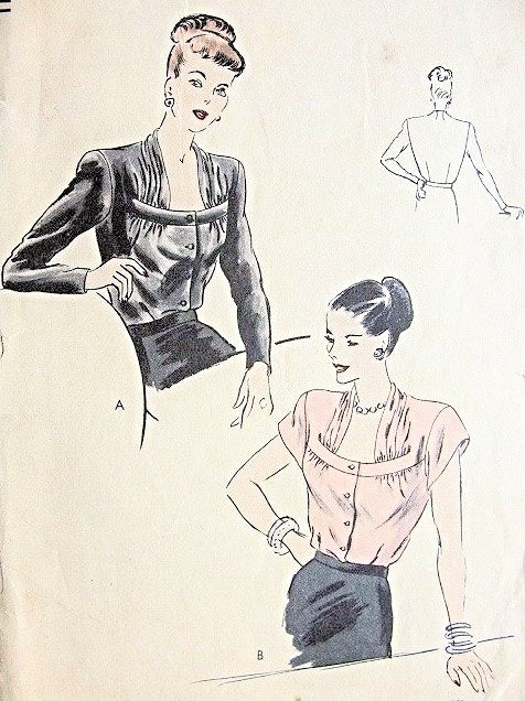 1940s BEAUTIFUL Draped Square Neckline Blouse Pattern VOGUE 5918 Film Noir Style Tuck In Blouse Day or Evening  Bust 34 Vintage Sewing Pattern