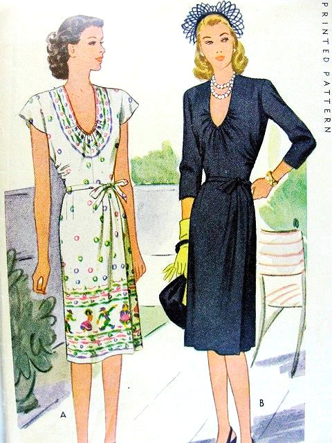 1940s BEAUTIFUL Day or Cocktail Dress Pattern McCALL 5950 Low U Shape Neckline, Side Wrap Skirt Style Classy Design Bust 36 Vintage Sewing Pattern
