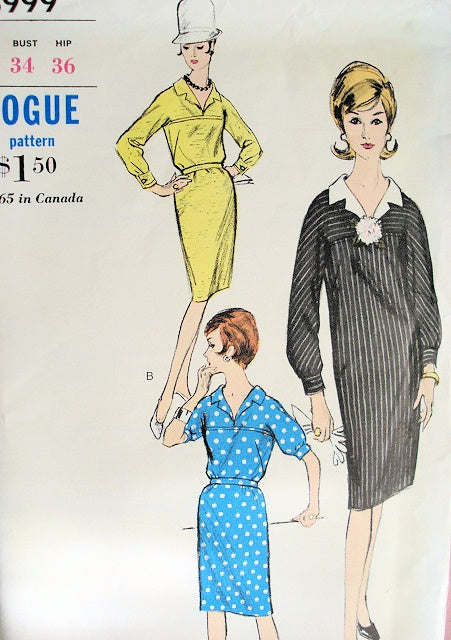 1960s Slim MADMEN Dress Pattern VOGUE 5999 Loose Straight Dress or Belted Bust 34 or 36 Vintage Sewing Pattern