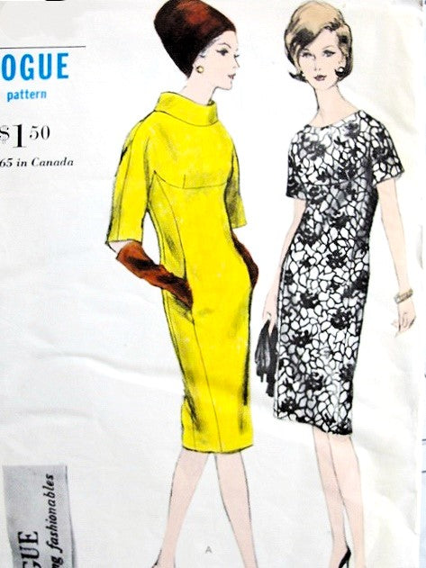 1960s SLEEK Slim Dress Pattern VOGUE Young Fashionables 6074, Bias Collar Version, Button Back, Bust 31 Vintage Sewing Pattern