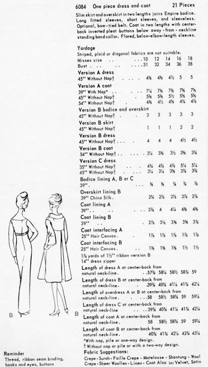 1960s ELEGANT Evening Dress and Theater Coat Pattern VOGUE Special Design 6084 Vintage Sewing Pattern Slim Empire Cocktail Party Dress With Overskirt, Gorgeous Evening Coat Bust 32 Vintage Sewing Pattern