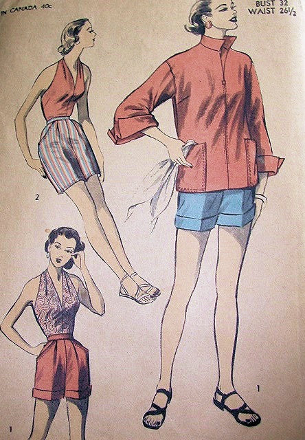 1950S  GLAM Beach Wear Pattern ADVANCE 6105 Marilyn Monroe Style HalterTop, High Waist Shorts,Bermuda Shorts, Jacket Bust 32 Vintage Sewing Pattern