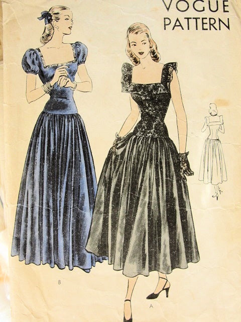 VOGUE 6109 EVENING DRESS PATTERN LOVELY LONG TORSO STYLE, 2 FITTED BODICE  VERSIONS, FULL SKIRT, DEEP SQUARE NECKLINE, UNIQUE DESIGN