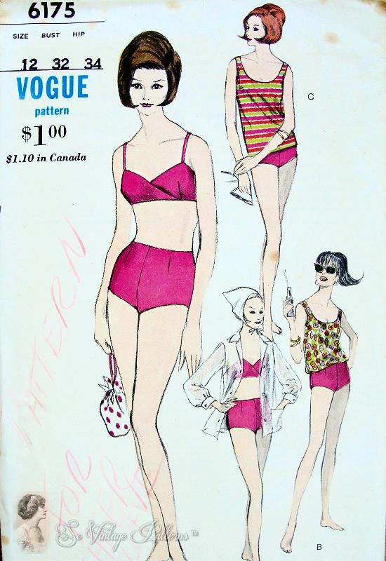 1960s Beach Wear Pattern  2 PC Bathing Suit, Tank Top and Shirt Swimsuit Cover Up Bond Girl Style Vogue 6175 Bust 36 Vintage Sewing Pattern
