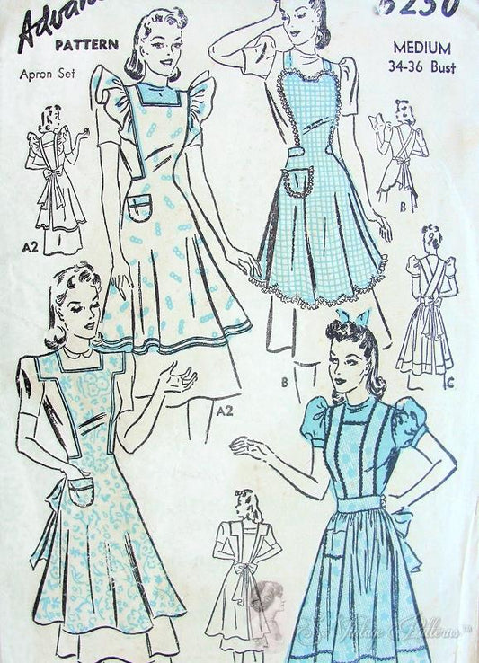 1940s PRETTY Apron Set Pattern ADVANCE 6250 Four CUTE Full Aprons, Farmhouse Style, Medium Bust 34-36 Vintage Sewing Pattern