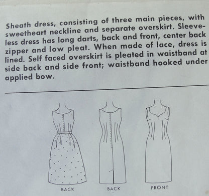 1960s Mad Men Style Cocktail Party Dress Pattern McCalls 6277 Glove Fitting Sheath with Over Skirt, Sweet Heart Neckline Vintage Sewing Pattern