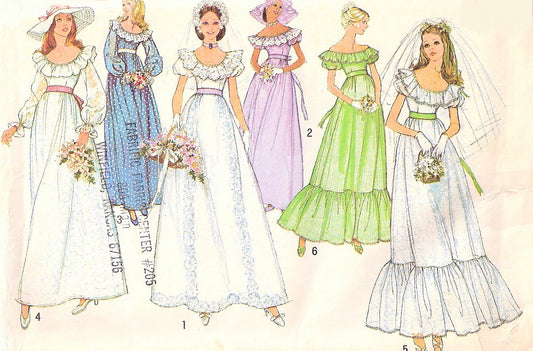 1970s ROMANTIC Boho Bridal Gown Wedding Dress Bridesmaid Dress Pattern SIMPLICITY 6343 Six Style Versions Bridal Dress, Off Shoulders Ruffled Neckline Very Gunne Sax  Bust 30-31 Vintage Sewing Pattern FACTORY FOLDED