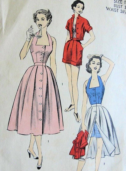 1950s  WEEKEND  BEACH WEAR PATTERN HALTER TOP,  FRONT BUTTON SKIRT, SHORTS, JACKET ADVANCE 6394