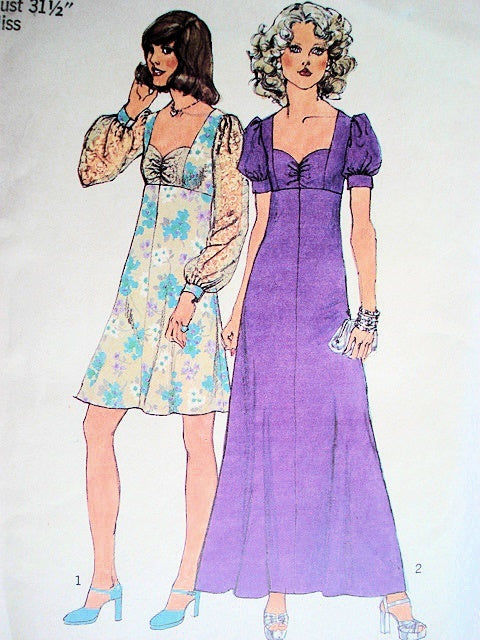 1970s Lovely Sweetheart Neckline Evening Dress Pattern Empire Style Puff Sleeves Figure Flattering Design Simplicity 6446 Vintage Sewing Pattern Bust 34 UNCUT