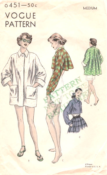 1950s BEACH COAT or BOLERO Jacket Pattern VOGUE 6451 Beautiful Flared Back 2 Lengths,  Medium Size Bust 32-34 Vintage Sewing Pattern