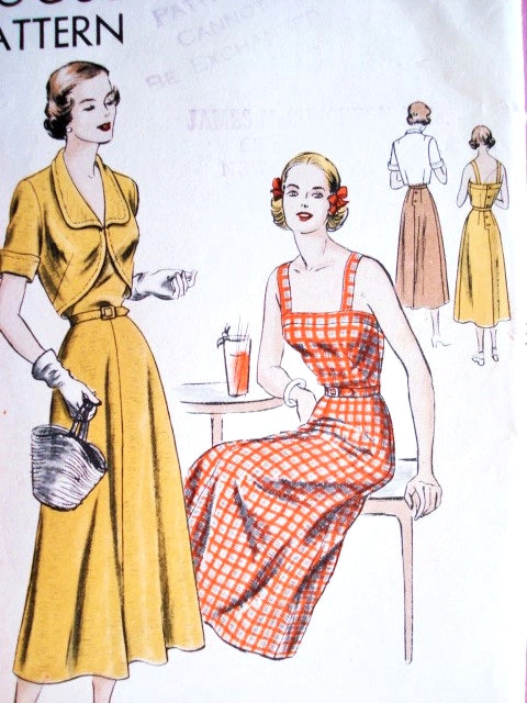 1940s LOVELY Sun Dress Bolero Jacket Pattern VOGUE 6467 Camisole Top,Button Back Flared Skirt Dress Fitted Jacket With Cutaway Front Bust 30 Easy To Make Vintage Sewing Pattern