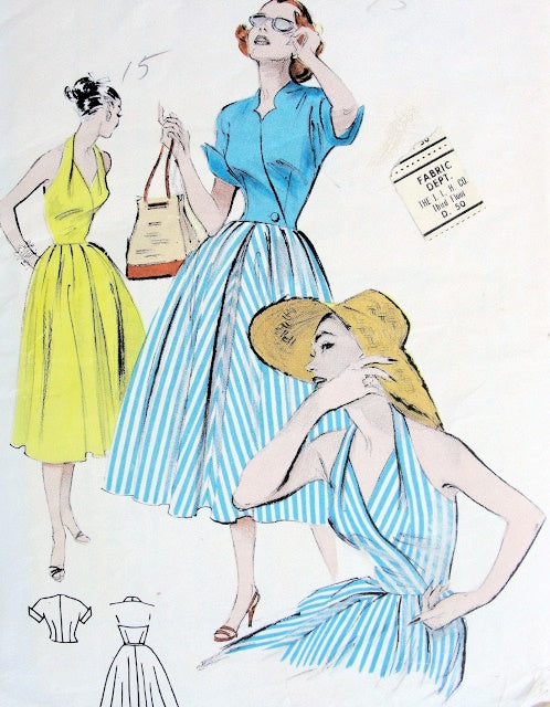 1950s SIZZLING Halter Sun Dress and Jacket Pattern BUTTERICK 6518 Surplice Bodice Dress ASYMMETRICALLY Closing Jacket Bust 30 Vintage Sewing Pattern