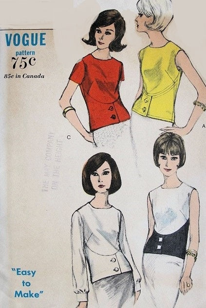 1960s MOD Overblouse Pattern VOGUE 6524 Four Lovely Blouse Styles, Bust 32 Easy To Make Vintage Sewing Pattern