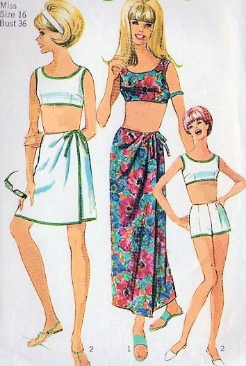 1960s BEACH WEAR PATTERN  2 PC BATHING SUIT, SARONG  WRAP SKIRT SIMPLICITY 6547