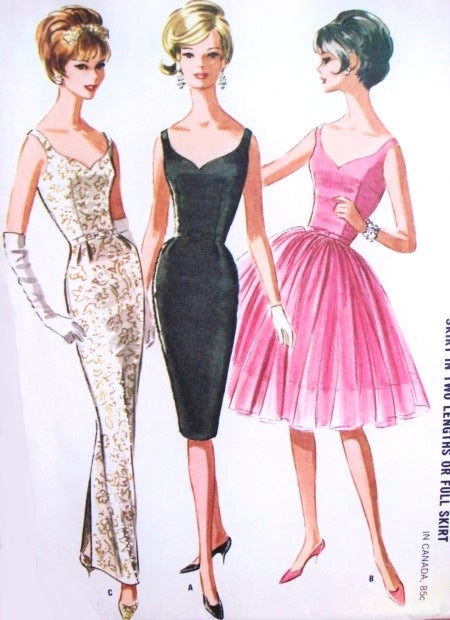 1960s STUNNING Evening Dress Pattern McCalls 6571 Slim or Full Skirt ,Shaped Low Neckline,  V Back ,Short Cocktail Party or Full Length Formal, Bust 32 Vintage Sewing Pattern