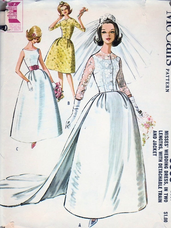 60s Wedding Dress Bridal Gown Pattern Audrey Hepburn Elegant Style Two Lengths Detachable Train and Jacket McCalls 6605 Vintage Sewing Pattern Bust 32 or 36