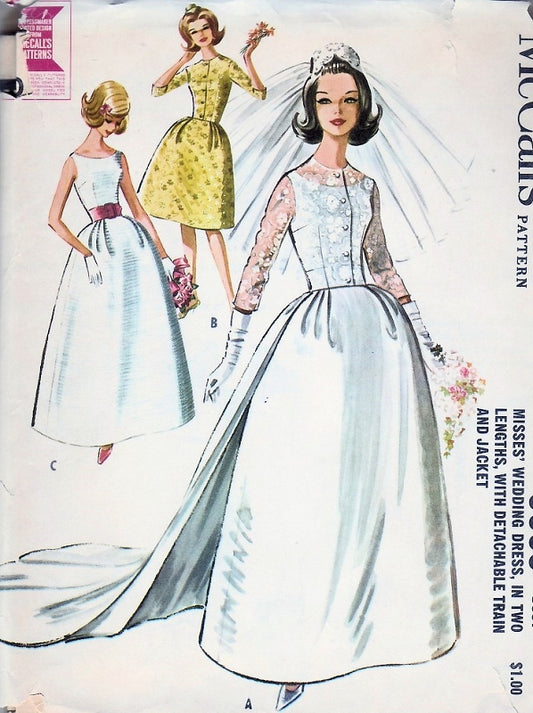60s Wedding Dress Bridal Gown Pattern Audrey Hepburn Elegant Style Two Lengths Detachable Train and Jacket McCalls 6605 Vintage Sewing Pattern Bust 32 or 36