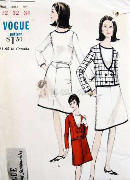 1960s Mod 3 PC Suit Pattern Slightly A Line Skirt, Double Breasted Jacket Deep Scoop Neckline, Tuck In Blouse  Vogue 6618 Young Fashionables Vintage Sewing Pattern Bust 32