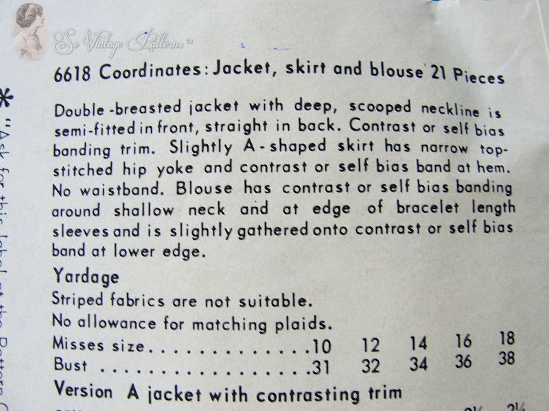 1960s Mod 3 PC Suit Pattern Slightly A Line Skirt, Double Breasted Jacket Deep Scoop Neckline, Tuck In Blouse  Vogue 6618 Young Fashionables Vintage Sewing Pattern Bust 32