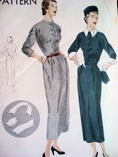 1950s Classy Slim Dress  Pattern Vogue 6620 Includes Detachable Collar and Cuffs  Bust 34 Vintage Sewing Pattern