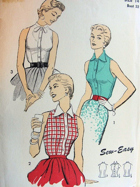 1950s ROCKABILLY Sleeveless Blouse Pattern ADVANCE 6622 Indented Shoulders 2 Collar Styles Bust 30 SEW EASY Vintage Sewing Pattern