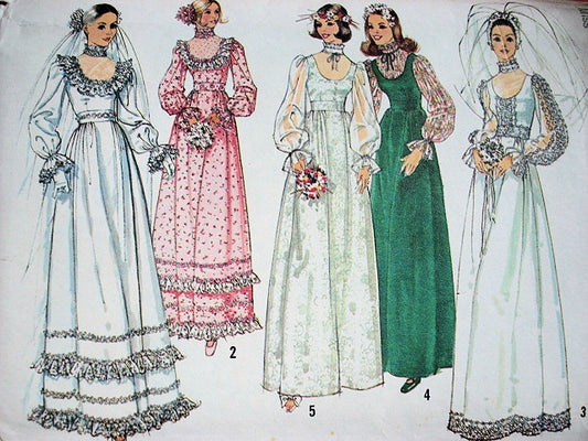 1970s ROMANTIC Wedding Gown Bridal Dress Pattern SIMPLICITY 6671 Five Beautiful Styles, Bust 32 Vintage Sewing Pattern FACTORY FOLDED