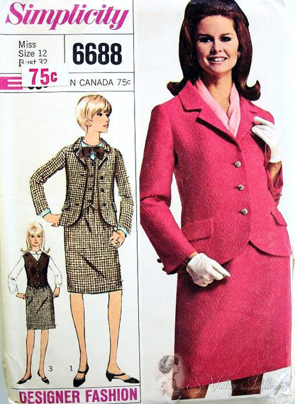 1960s  Mrs Emma Peel Style 3 PC Suit Pattern Slim Skirt, Fitted Cutaway Front Jacket, and Vest Classic Mid 60s Style Simplicity Designer Fashion 6688 Vintage Sewing Pattern Bust 32